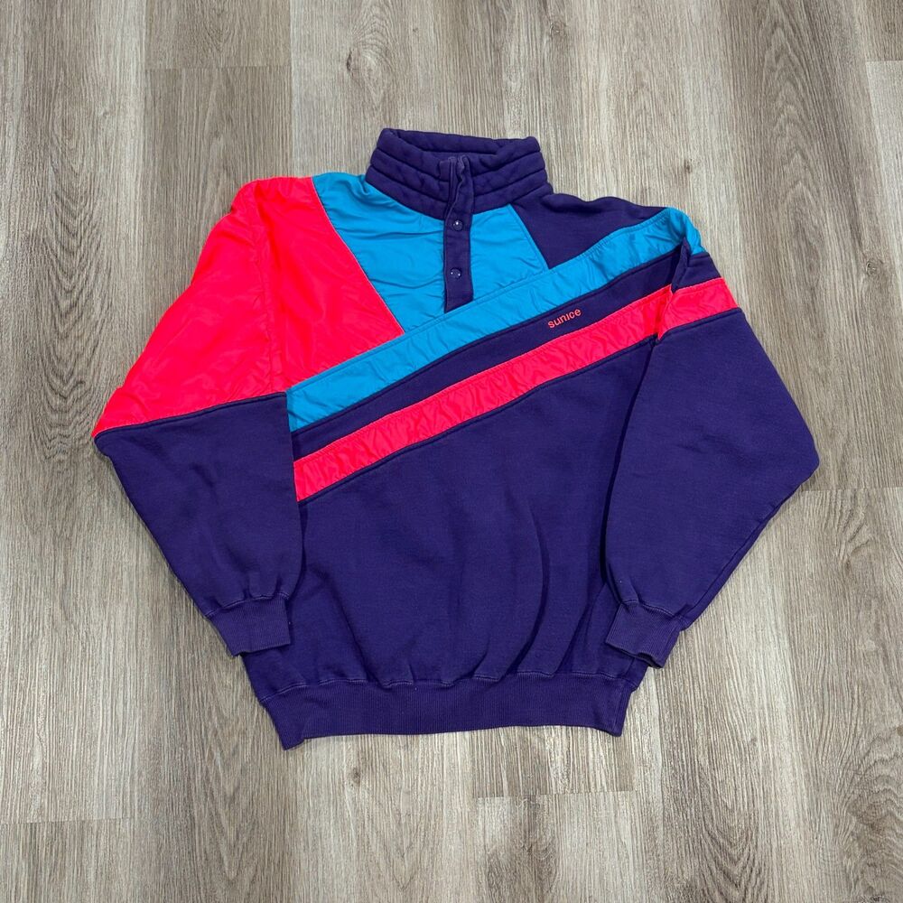 RARE 80s Vtg Sunice Neon Purple Blue Colorblock Black Pullover Sweatshirt Size L